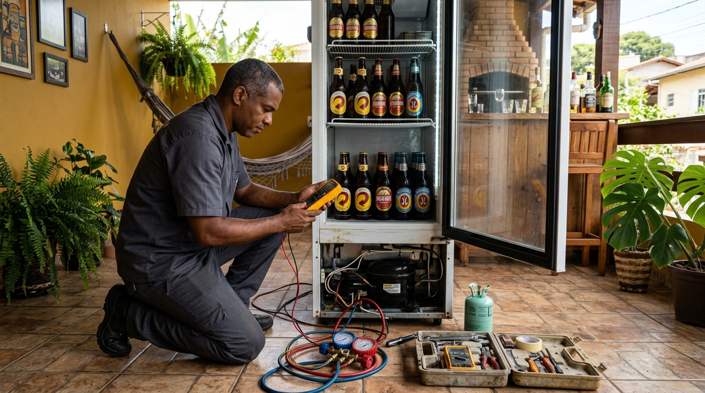 Placa eletrônica de cervejeira em reparo na bancada em Goiânia‑GO