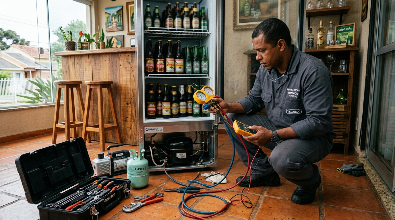Técnico revisando o motor de uma cervejeira durante chamado em Goiânia‑GO