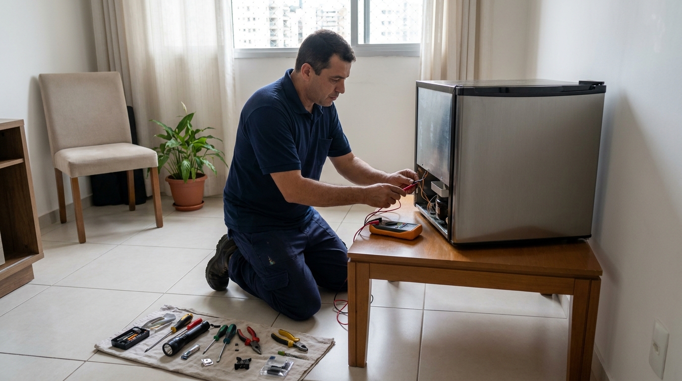 Técnico revisando o motor de um frigobar em Goiânia‑GO