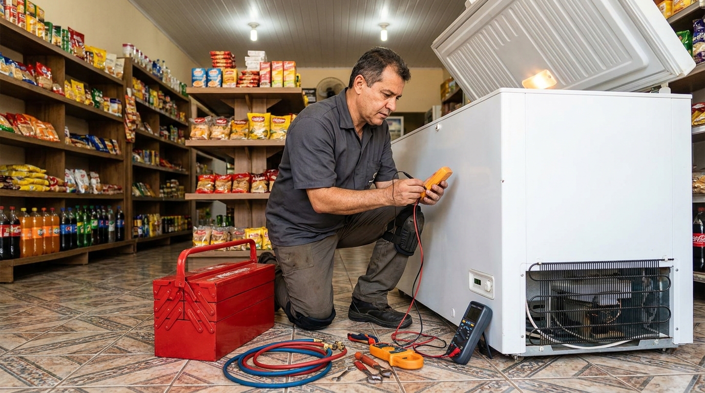 Manômetro conectado ao circuito durante recarga de gás de freezer em Goiânia‑GO