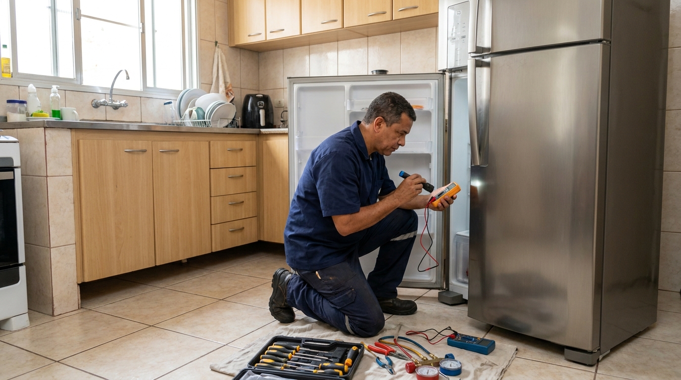Técnico fazendo recarga de gás em geladeira de cliente em Goiânia‑GO