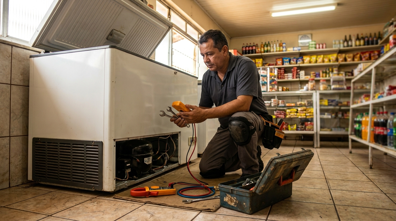 Técnico avaliando um freezer vertical durante atendimento em Goiânia‑GO